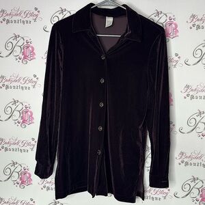 Cleo petites button up long sleeve Elegant Black Velvet velour Women's Top